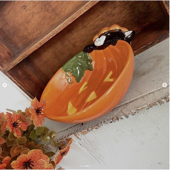 Vintage Halloween 1990s Hallmark Ceramic Cat Pumpkin Candy Dish Bowl (03466) - Picture 4 of 5